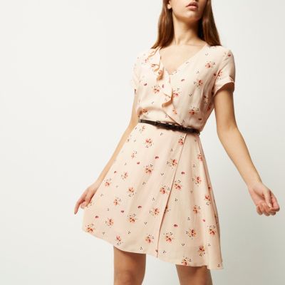 Beige floral-print belted dress